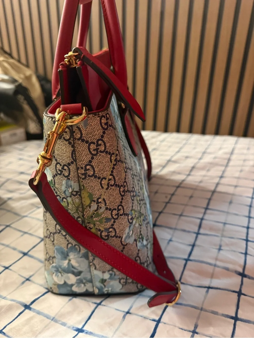 Gucci Floral GG Supreme Satchel with Red Leather Trim